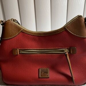 Dooney & Bourke Red Pebbled Leather Shoulder Bag with Brown Trim